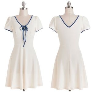 NWOT White A-Line Dress with Blue Trim